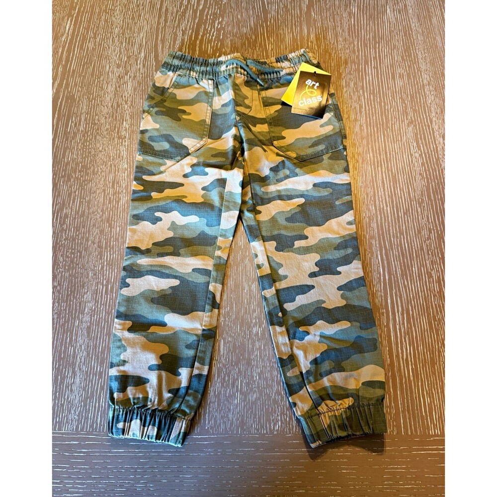 art class Boys Camo Jogger Pants Green/Beige Cotton Drawstring Pockets Sz 4